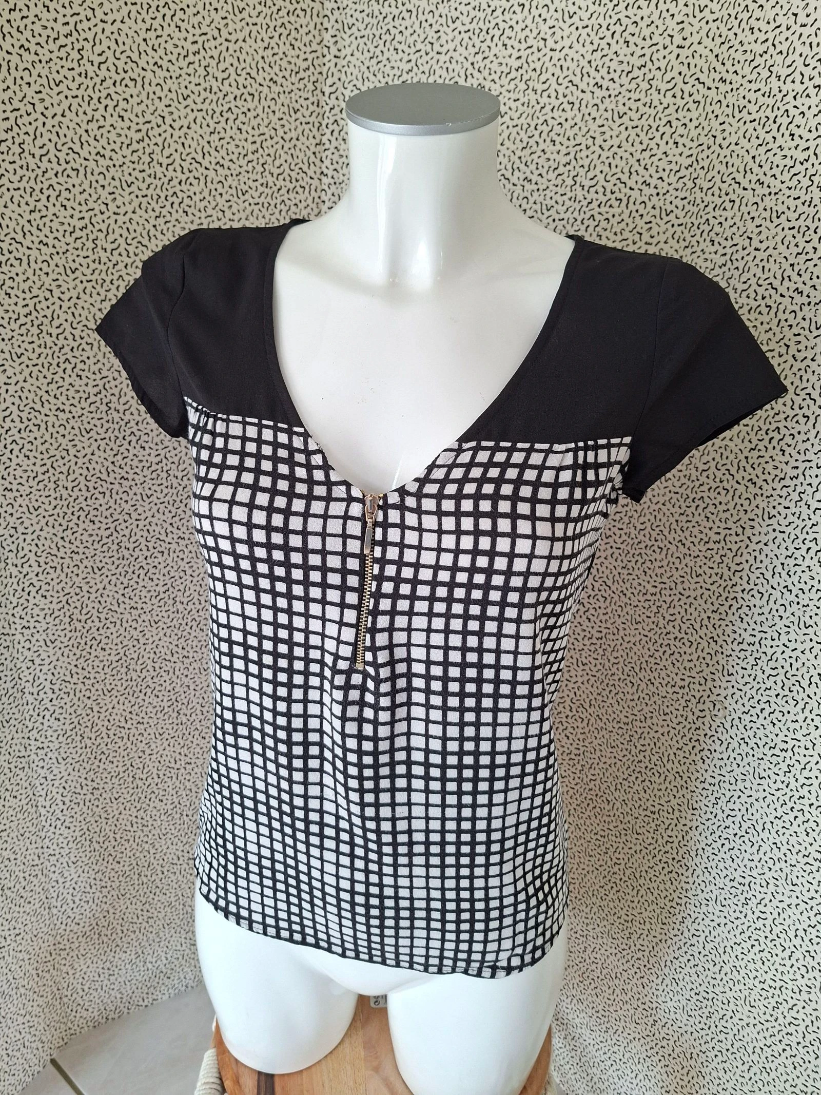 Blouse GDM Grain de Malice T36 Noir Blanc Carreaux Zip Femme Chic